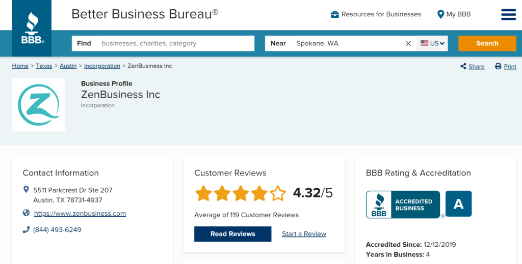 ZenBusiness Better Business Bureau rating and reviews