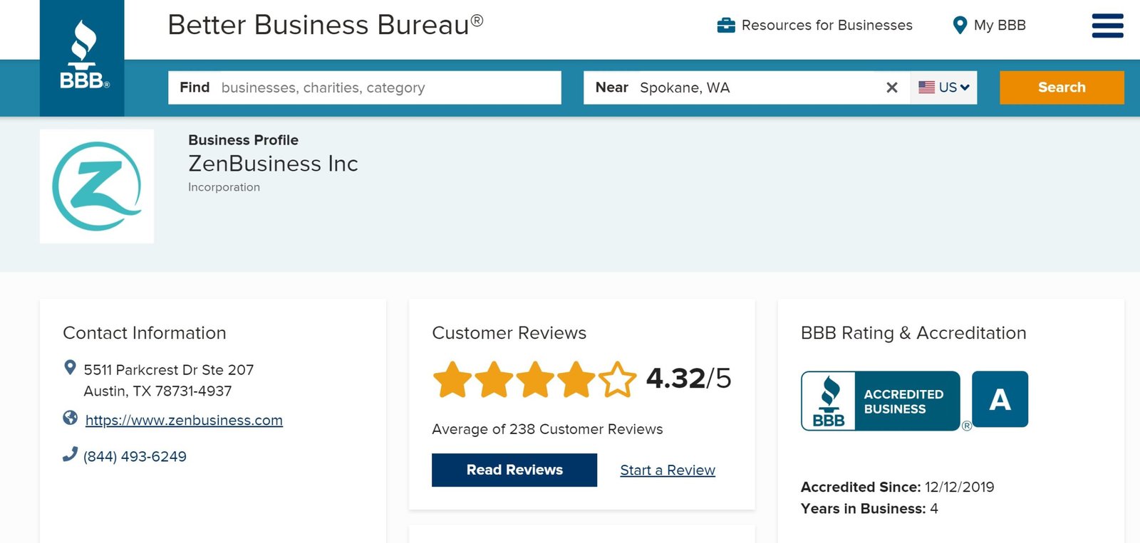 ZenBusiness reviews on the BBB